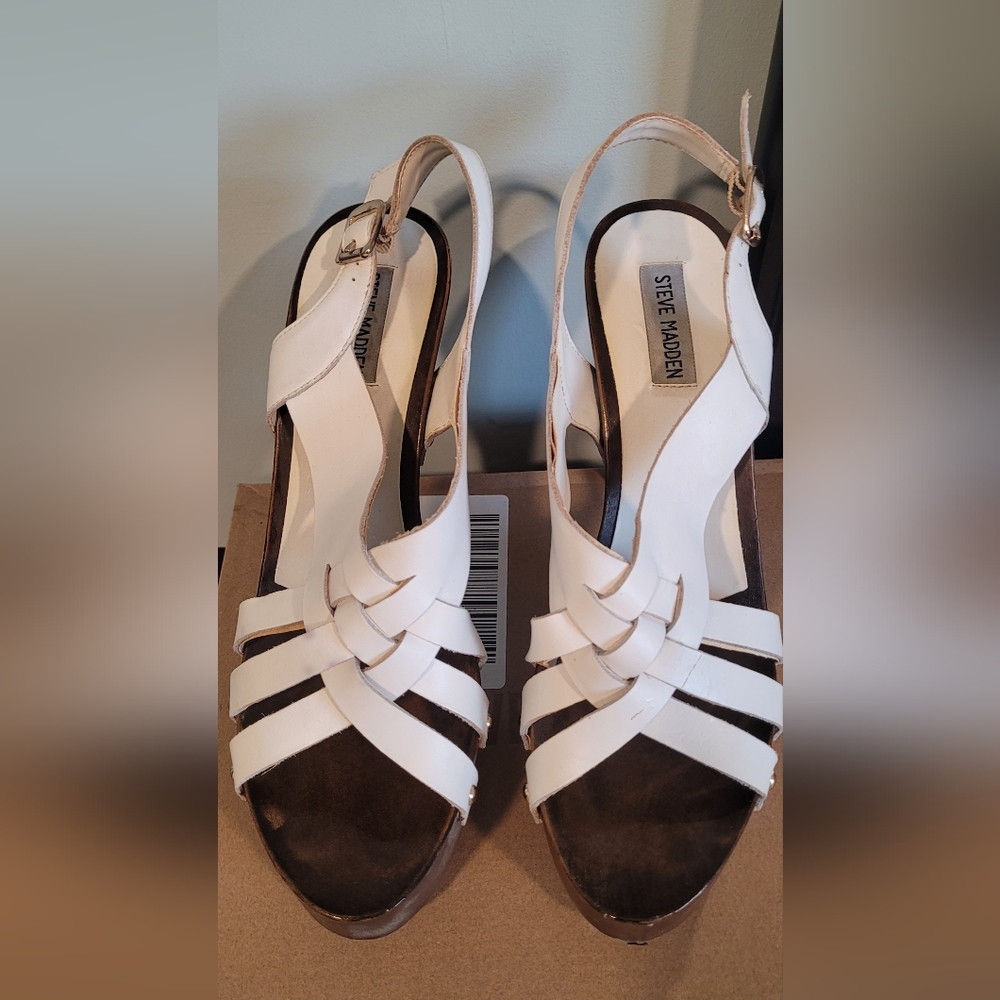 Steve Madden white strappy sandals with wooden heels, size 11